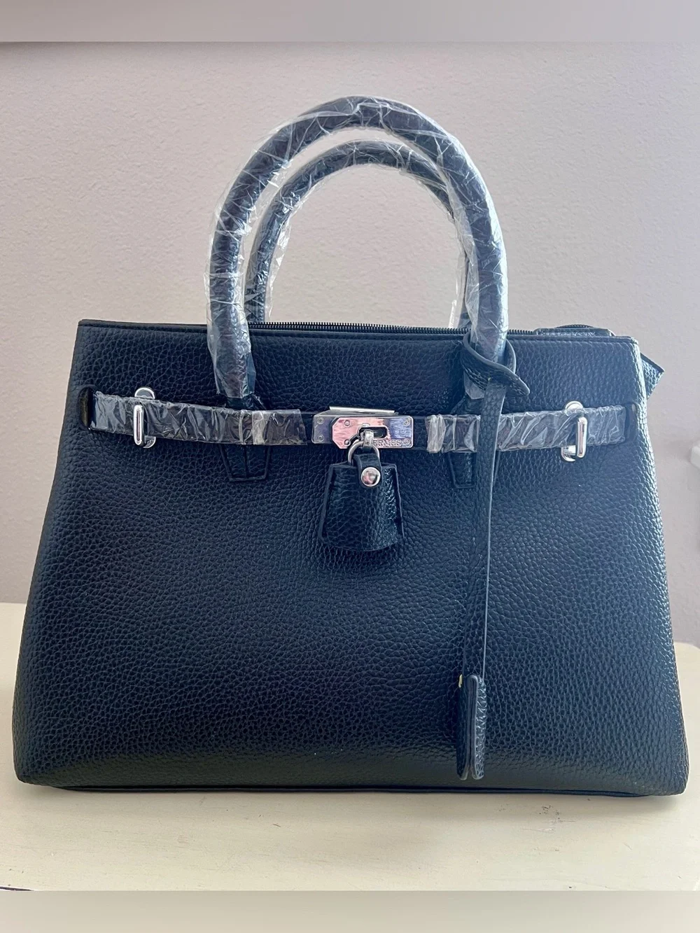New Black Pebbled Leather Structured Satchel Handbag | Silver Lock Accent Tote